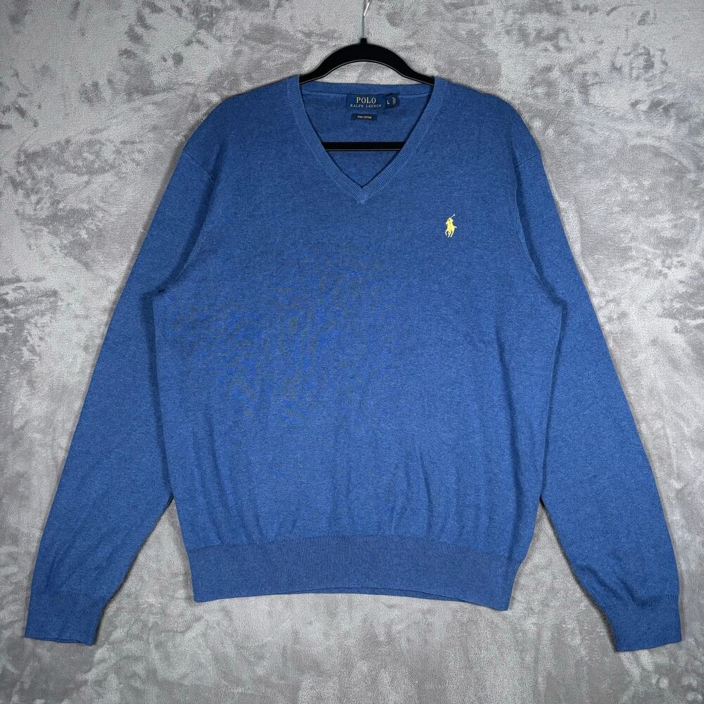 Polo Ralph Lauren Men’s Large Pima Cotton V-Neck Sweater Blue Yellow Pony